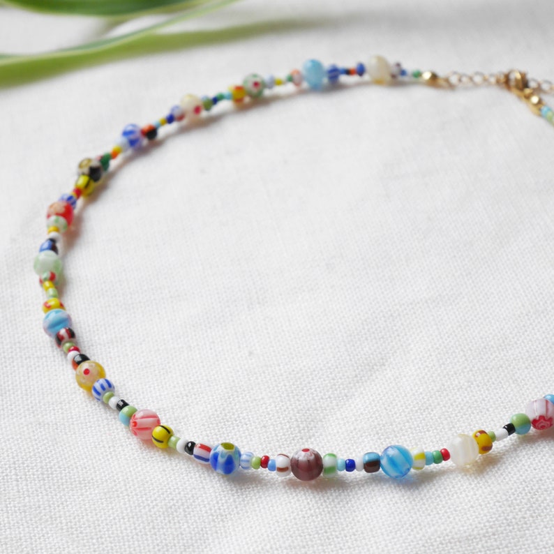 Millefiori seed bead necklace Colorful glass bead choker Happy summer beaded jewelry Multicolor unisex necklace gift for him or her image 6