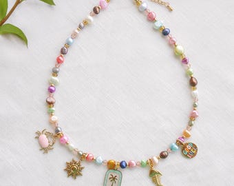 Colorful pearls custom charm necklace - modern freshwater pearl jewelry, personalized gift for her