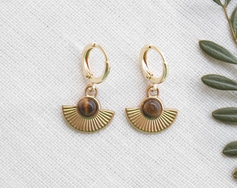 Fan shape earrings - gold drop huggie hoops, brown natural tones jewelry gift for her