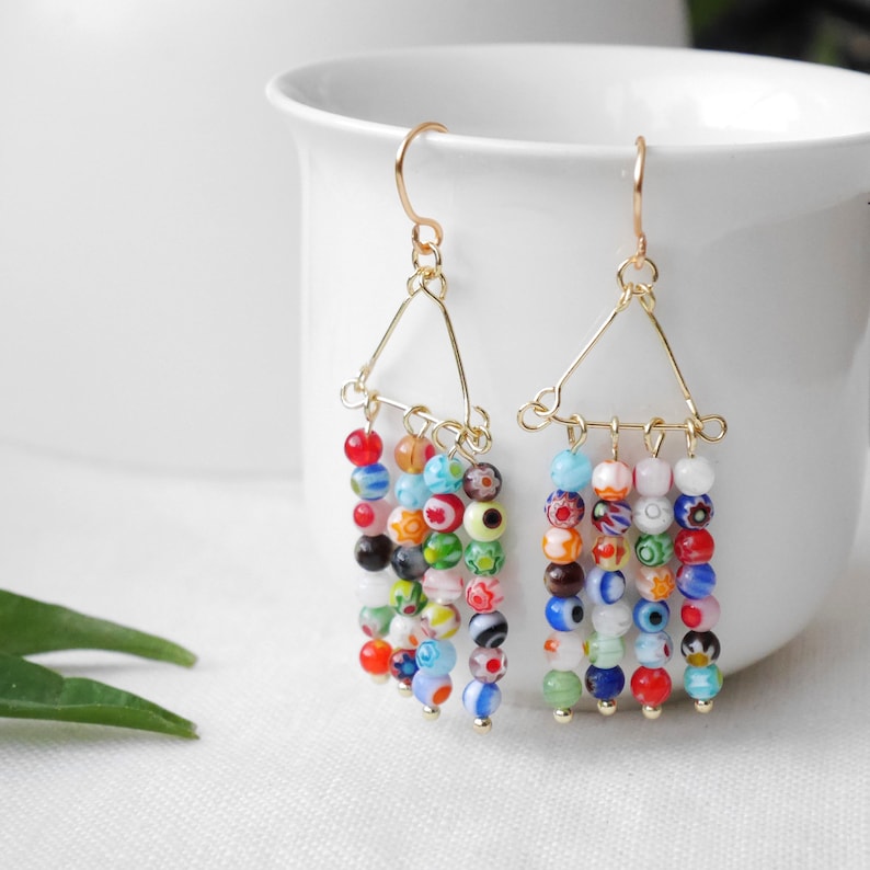 Millefiori bar dangle earrings Long colorful glass bead earrings Multicolor rainbow beaded jewelry Spring summer cute gift for woman 画像 1