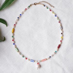 Striped beads necklace Multicolor stripe pattern choker Cute freshwater pearl jewelry gift with colorful glass beads and pearl pendant image 1