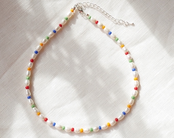Colorful pearl necklace | Rainbow beaded necklace | Real freshwater pearls seed beads choker | Simple minimalist unisex multicolor jewelry