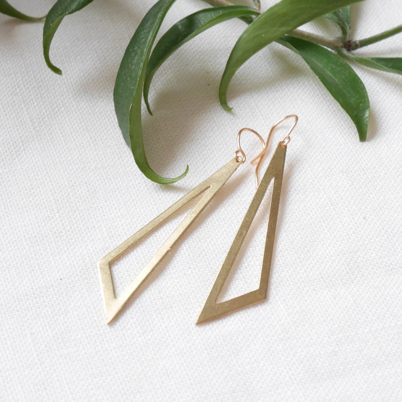 Triangle dangle earrings Geometric earrings Gold raw brass minimalist architectural jewelry Simple elegant edgy diagonal gift for her image 5
