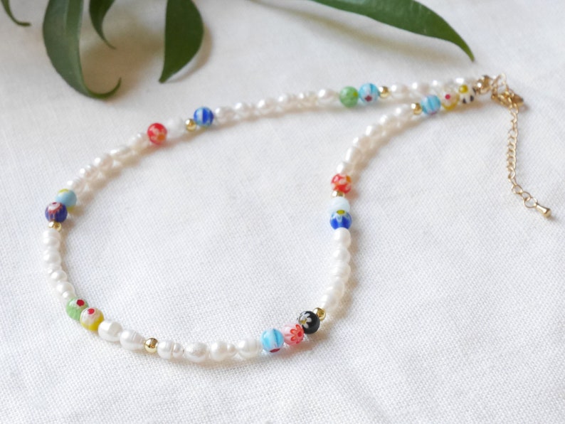 Pearl and millefiori necklace Freshwater pearl choker with colorful floral beads Multicolor beaded jewelry with genuine pearls for her image 3