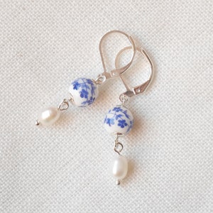 Blue porcelain pearl earrings | Dainty minimalist pearl earrings | Floral blue jewelry | Blue and white freshwater pearl drop earrings