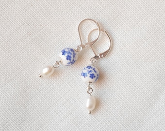 Blue porcelain pearl earrings | Dainty minimalist pearl earrings | Floral blue jewelry | Blue and white freshwater pearl drop earrings