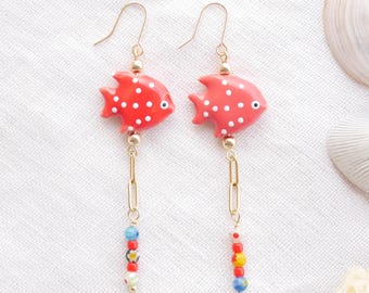 Red fish dangle earrings - quirky jewelry gift for her, fun colorful porcelain summer accessory