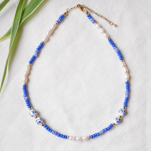 Blue porcelain bead necklace Summer seed bead choker Cute blue and white necklace with real pearls Flower ceramic jewelry gift idea image 1