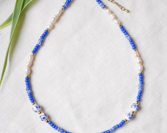 Blue porcelain bead necklace | Summer seed bead choker | Cute blue and white necklace with real pearls | Flower ceramic jewelry gift idea