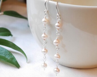 Longues boucles d'oreilles en perles d'eau douce | Boucles d'oreilles pendantes avec perles roses | Bijoux délicats en argent sterling | Jolies boucles d'oreilles de mariage | Cadeau d'anniversaire