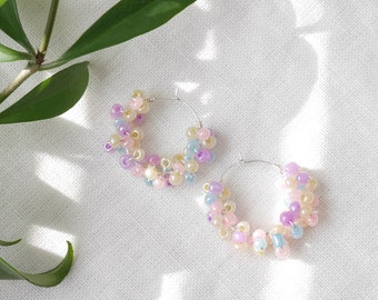 Pastel hoop earrings | Round soft colors beaded hoops | pale multicolor handmade jewelry | Summer gift for her | Small seed beads design