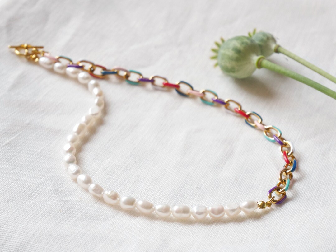 5-Piece Wholesale Half Pearl Half Chain Toggle Clasp Necklace