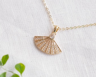 Art deco fan necklace – dainty gold chain bridal jewelry, vintage style gift for her