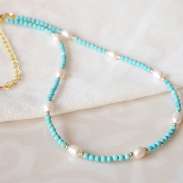 Turquoise pearl necklace | Turquoise stone bead necklace with freshwater pearls | Turquoise and white choker | Small stones necklace for her
