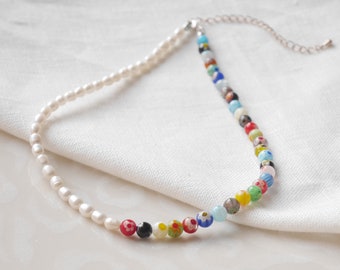 Half pearl half millefiori necklace | Colorful beaded necklace | Summer necklace with freshwater pearls and colorful millefiori beads