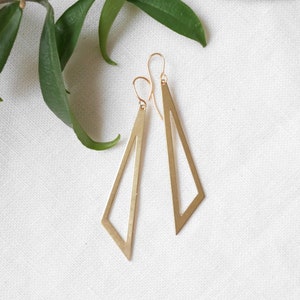 Triangle dangle earrings Geometric earrings Gold raw brass minimalist architectural jewelry Simple elegant edgy diagonal gift for her image 1