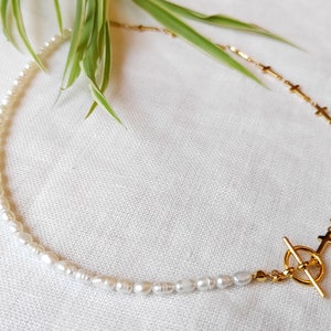 Pearl cross necklace Half pearl half chain necklace Dainty cross chain choker with small freshwater pearls Religious gift for her image 6