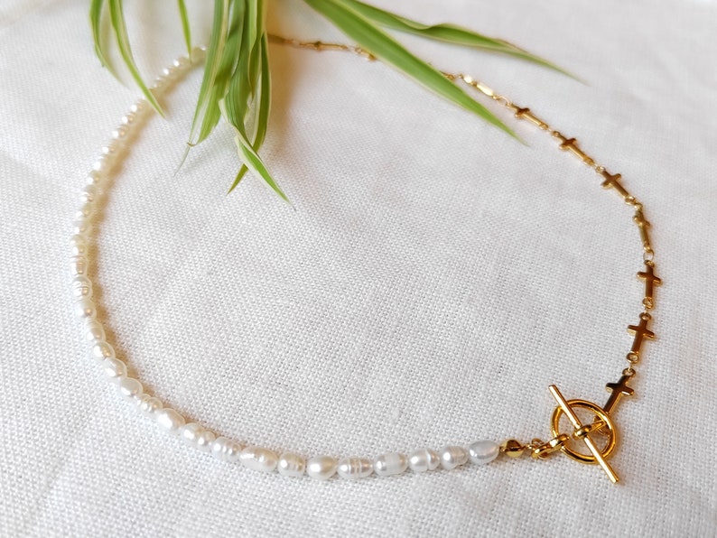 Pearl cross necklace Half pearl half chain necklace Dainty cross chain choker with small freshwater pearls Religious gift for her image 6