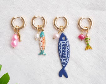 Chunky fish hoop earrings with freshwater pearls, coastal charm hoops, boho statement ocean jewelry, trendy summer gift for her