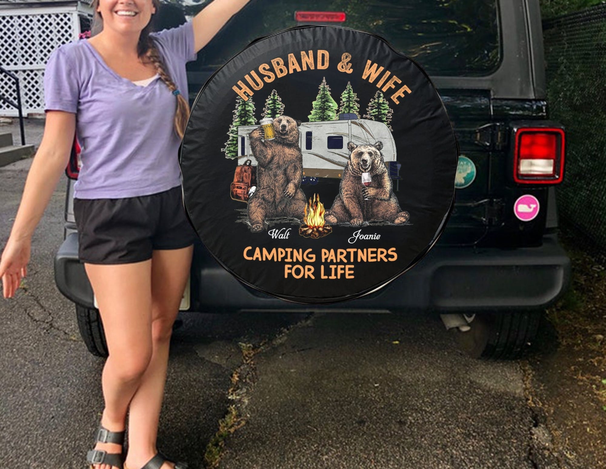 Husband & wife camping partner for life, camping tire cover, RV custom tire cover, personalized tire cover