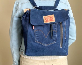 Dark blue denim convertible backpack, Shoulder bag, large backpack, zipper pockets