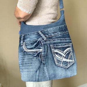 Jean purse, Hobo Bag, Denim Crossbody bag, distressed denim, embroidered denim