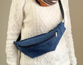 Dark denim sling bag, hiking bag, fanny packs with pockets, crossbody Jean bag