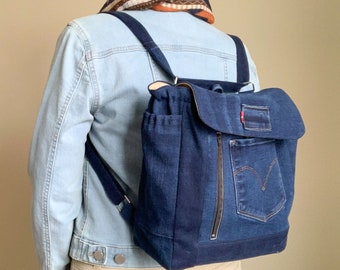 Dark blue denim convertible backpack, Shoulder bag, large backpack, zipper pockets