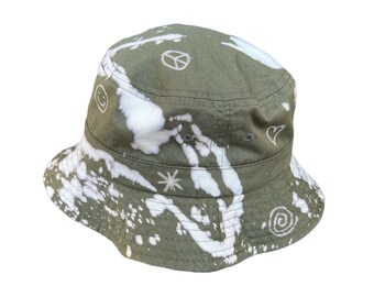 Olive Green PEACE LOVE HAPPY Face Star Swirl Tie Dye Acid Wash Bucket Hat