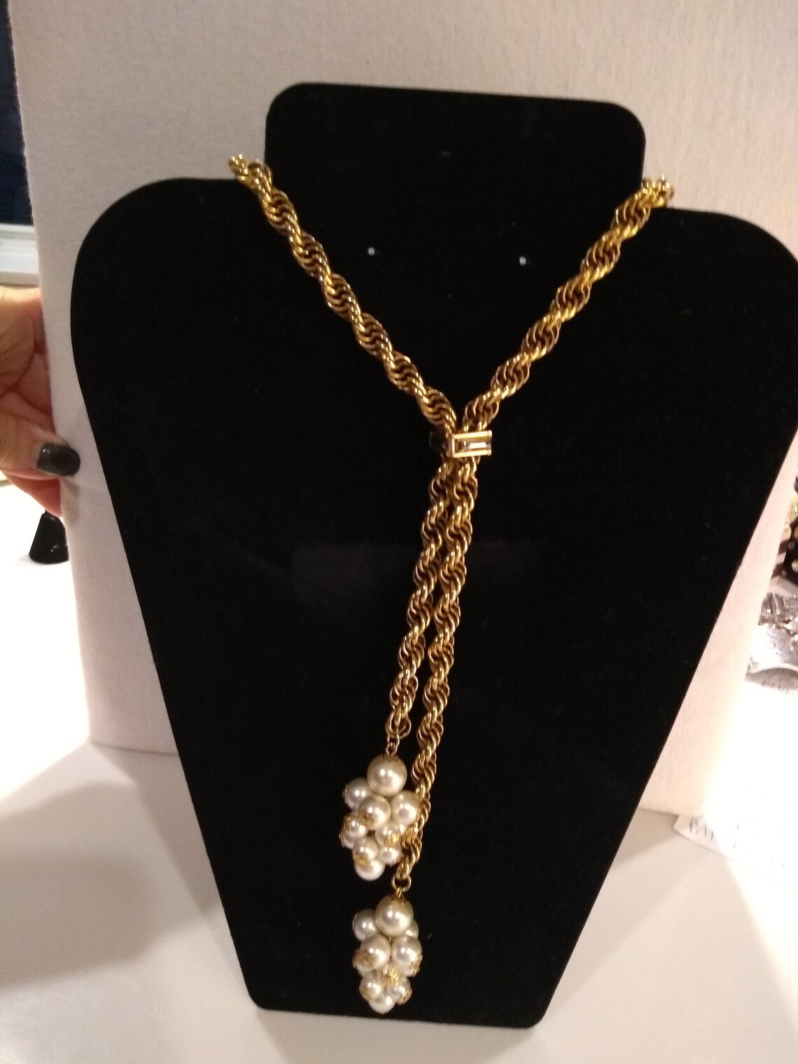 Vintage gold tone Lariat necklace with pearl cluster ends Etsy