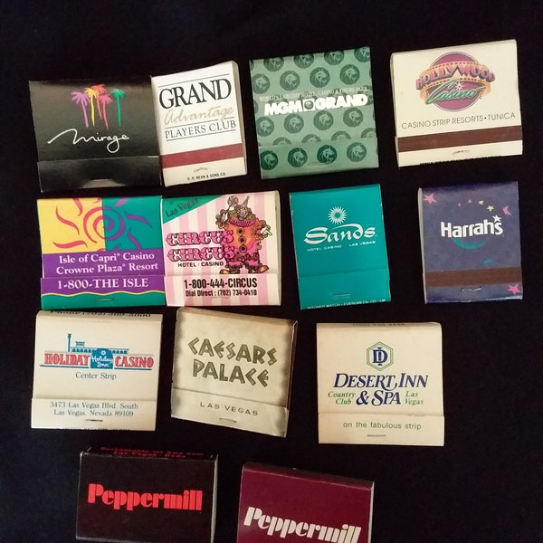 Casino Matchbooks/boxes Vtg, set of 10 with matches good condition, retro decor, bar accessories, adv memorabilia, tobaccocania  must have