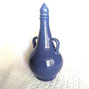 Blue bottle ceramic Arabian style two handled, vtg, with spire shaped tight fitting stopper. Unique gift or collector must have.