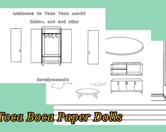 Uncolored Toca Boca bedroom / Color your way Toca Toca bedroom/ quiet book pages / Printable bedroom for paper dolls