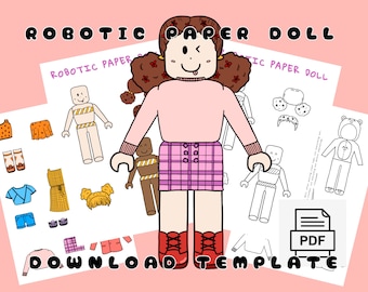 Poupée robotique en papier rose à imprimer / Poupée en papier numérique / Activités à imprimer pour les enfants