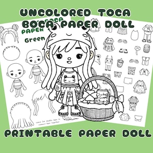 Bambola di carta colorata Toca Boca in stile verde / Attività per bambini Lavoretti di carta / Lavoretti di carta Toca Boca / Pagine di libri silenziosi / Bambola di carta stampabile