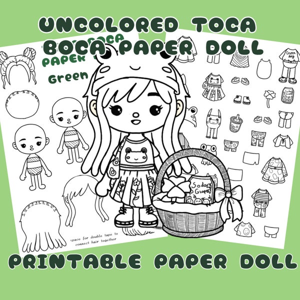 Color Toca Boca Paper Doll Green Style / Activities for Kids Paper Crafts / Toca Boca papercraft / quiet book pages / Printable Paper Doll