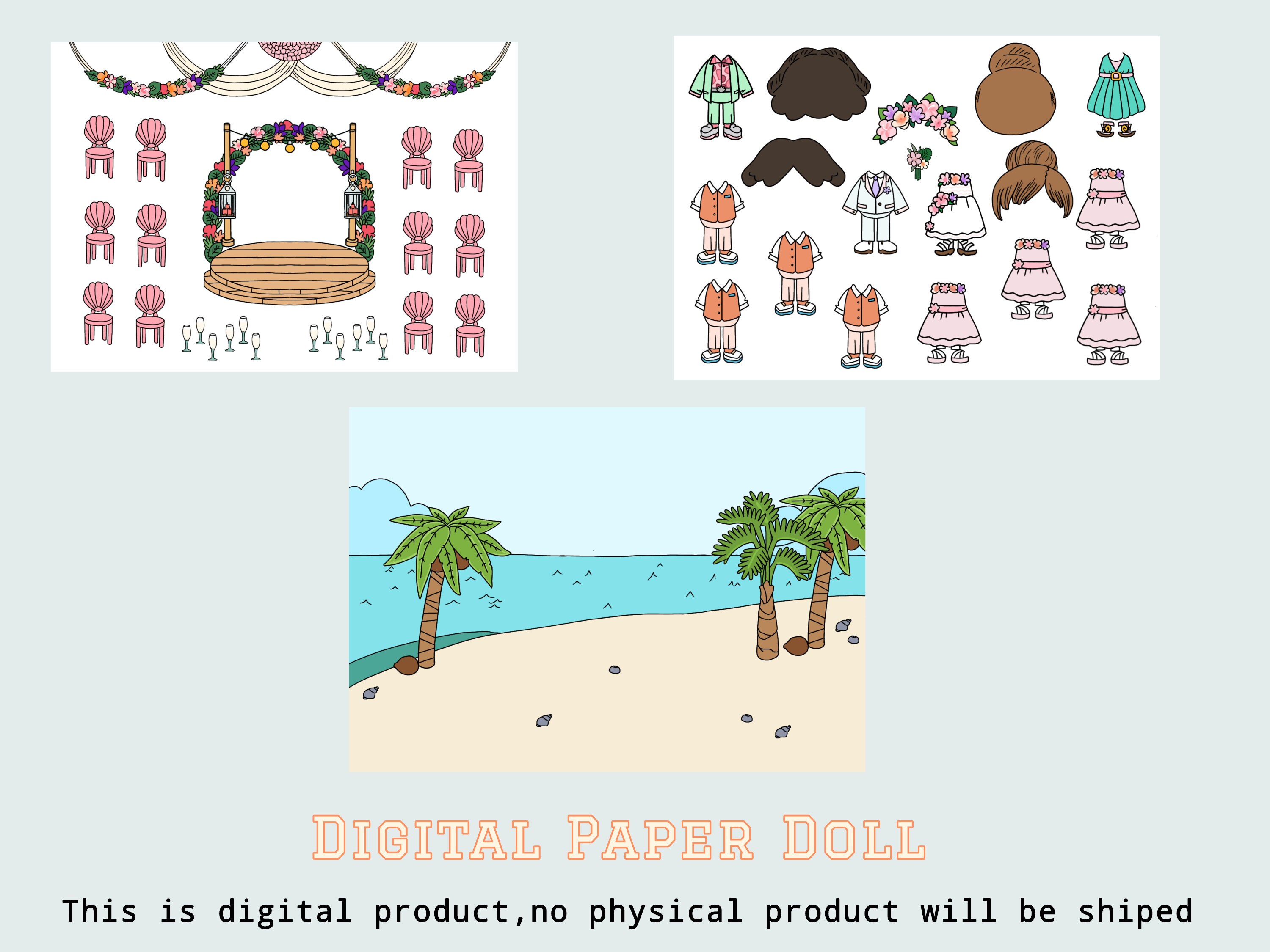 Toca Boca Beach Wedding / Toca Toca papercraft / quiet book pages /  Printable book for paper dolls