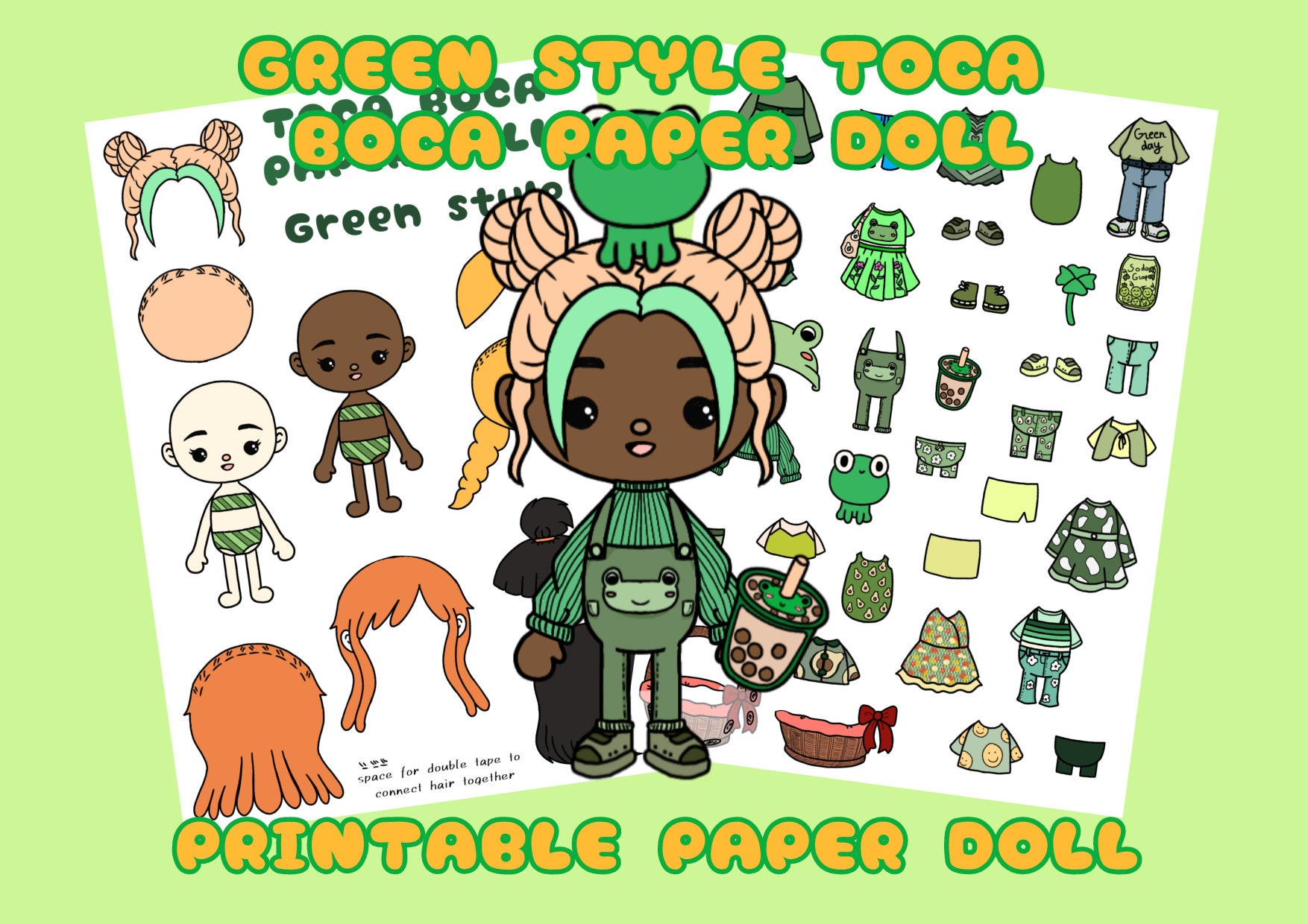 Printable Toca Boca Paper Doll Green Style / Dress up Doll / 
