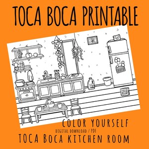 Printable Uncolored Paper Doll Kitchen Room / Toca Boca Kitchen / Quiet book pages / Printable room for paper dolls