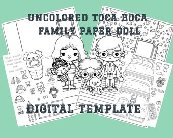 Printable Uncolored Paper Doll Family / Toca Boca Family House Paper Dolls / Quiet book pages / Printable bedroom for paper dolls