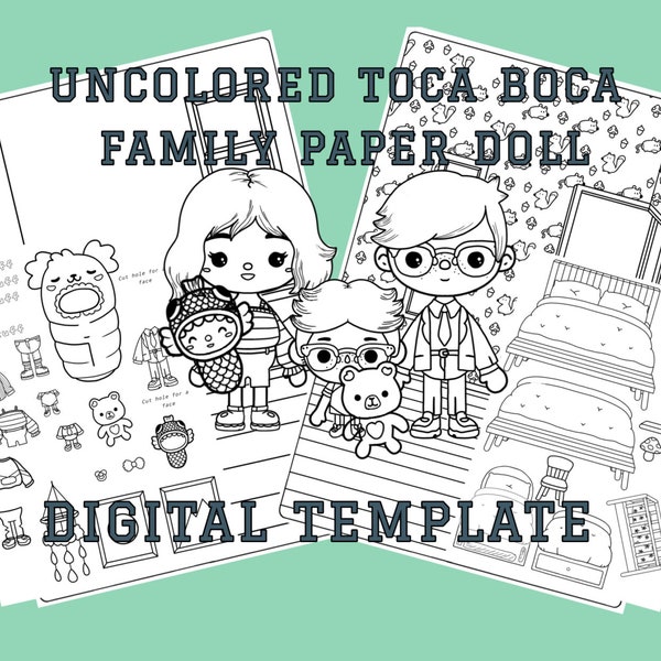 Printable Uncolored Paper Doll Family / Toca Boca Family House Paper Dolls / Quiet book pages / Printable bedroom for paper dolls