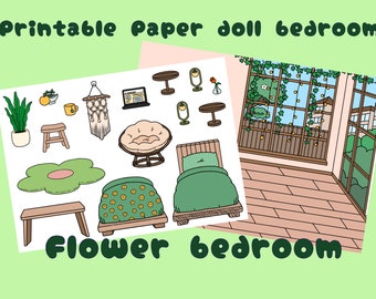 Puppen Schlafzimmer für Papierpuppen / Toca Boca Flower Schlafzimmer / Stille Buchseiten / Druckbares Schlafzimmer für Papierpuppen