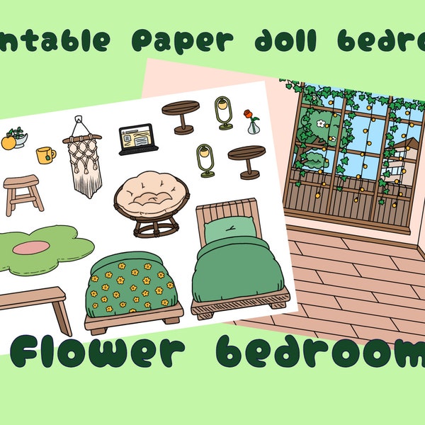Puppen Schlafzimmer für Papierpuppen / Toca Boca Flower Schlafzimmer / Stille Buchseiten / Druckbares Schlafzimmer für Papierpuppen