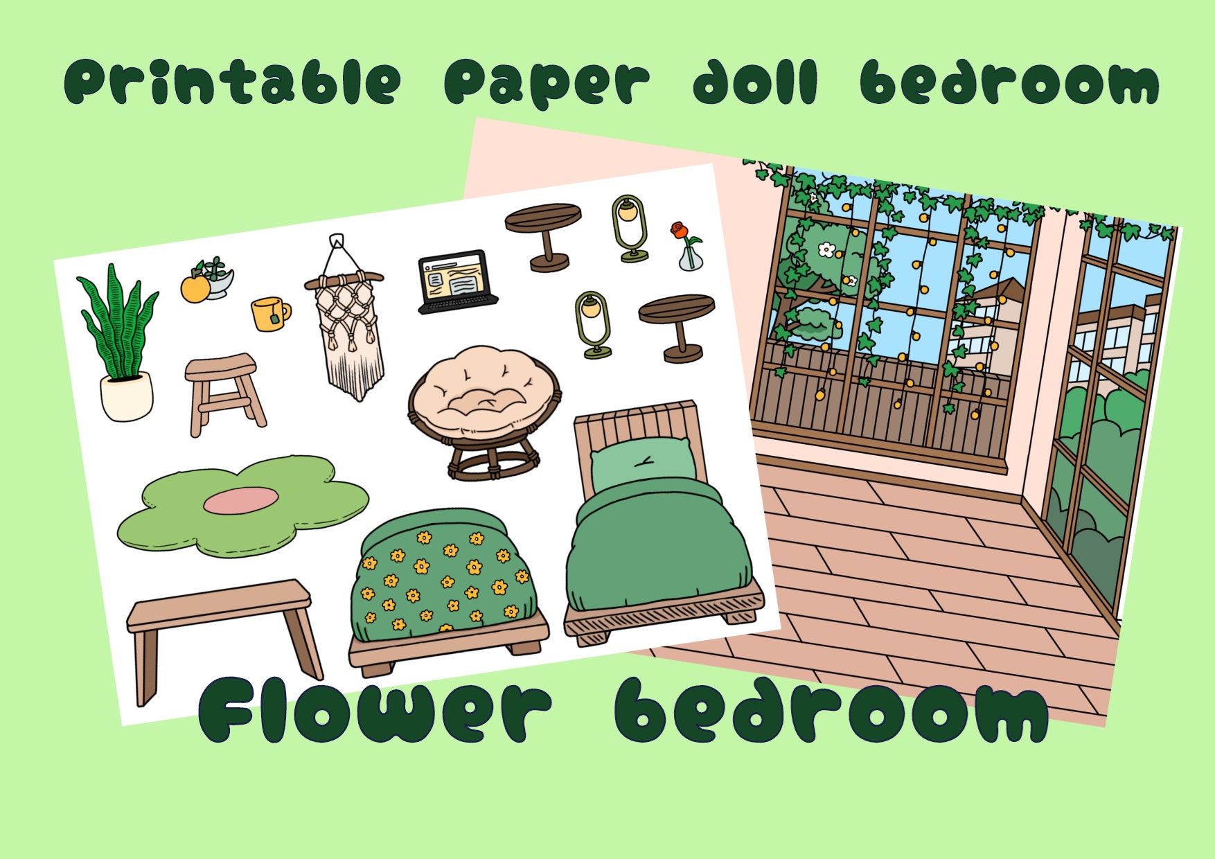 Printable Uncolored Paper Doll Bedroom / Toca Boca Flower Bedroom / Quiet  book pages / Printable bedroom for paper dolls - Gemini Moon Art's Ko-fi