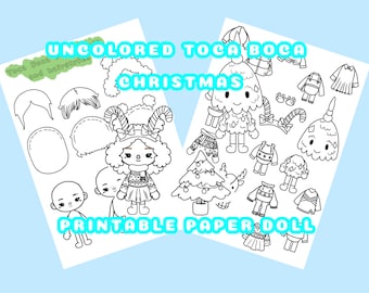 Printable Uncolored Christmas Toca Boca Paper Doll and Clothes / Toca Boca Papercraft / quiet book pages / Printable Paper Doll