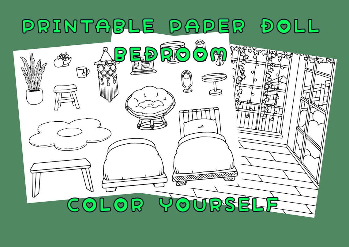 Printable Uncolored Paper Doll Bedroom / Toca Boca Flower Bedroom / Quiet Book Pages / Printable