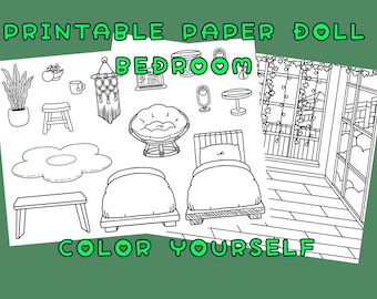 Afdrukbare ongekleurde papieren poppenslaapkamer / Toca Boca bloemslaapkamer / rustige boekpagina's / afdrukbare slaapkamer voor papieren poppen
