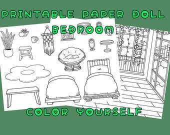 Printable Uncolored Paper Doll Bedroom / Toca Boca Flower Bedroom / Quiet book pages / Printable bedroom for paper dolls