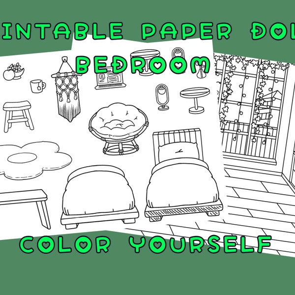 Printable Uncolored Paper Doll Bedroom / Toca Boca Flower Bedroom / Quiet book pages / Printable bedroom for paper dolls