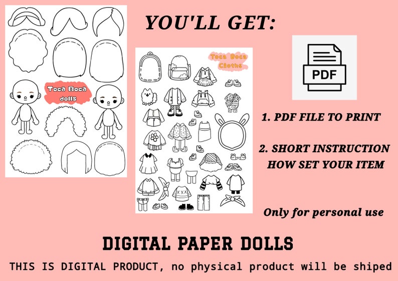 Color Toca Boca Paper Doll /Toca Boca Paper Doll and Clothes / Toca Boca papercraft / quiet book pages / Printable Paper Doll 画像 2